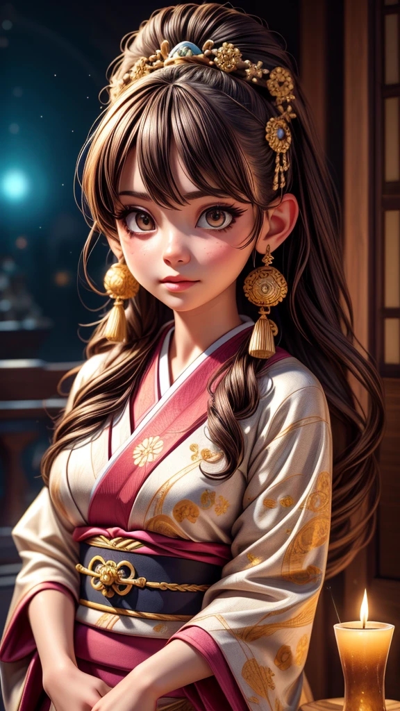 a young astrologist girl, fortune-telling customers at a cultural festival, detailed face and eyes, beautiful detailed lips, extremely detailed eyes and face, long eyelashes, traditional japanese kimono, traditional japanese hairstyle, intricate ornaments, detailed jewelry, mystical aura, magical energy, glowing crystals, zodiac symbols, candles, incense, dimly lit room, warm lighting, (best quality,8k,highres,masterpiece:1.2),ultra-detailed,(realistic,photorealistic,photo-realistic:1.37),concept art,digital painting,muted colors,soft lighting