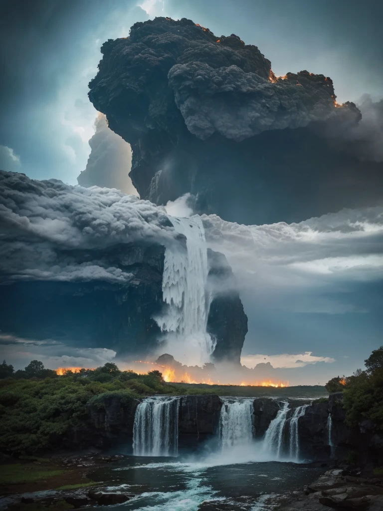 people swimming in a river near a waterfall in the woods, lakes and waterfalls, waterfalls and lakes, an endless waterfall, waterfalls in the background, with waterfalls, 2023, 2 0 2 3, incredibly beautiful, by Kristin Nelson, with trees and waterfalls, f4.5, multiple waterfalls, with waterfalls and river, ( visually stunning, arafed house in a field with a large plume of smoke coming out of it, thunderstorm and fire, photo epic of the year, winner of the year's best photo, houses on fire, amazing volcanic eruption, house on fire, explosive storm, during a storm, apocalyptic event, harrowing apocalyptic atmosphere, fire from sky, building on fire, national geographic photo”