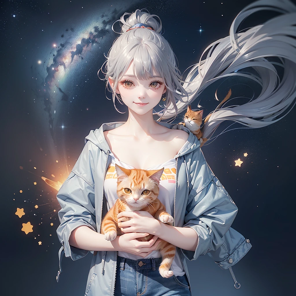 (((Holding a cute orange fat cat with super short legs in both hands,Correct anatomy))),((Highest quality,masterpiece,一位Mature美女,Super thin air parted bangs,Blue gray high ponytail super long straight hair,Double sideburn curly hair,Hair ends curled in,Gray powder clothes,Light blue denim gray hooded jacket,Exposed clavicle,Show your ears)),((Mature,Smile slightly,Look at the camera head-on)),starry sky galaxy background