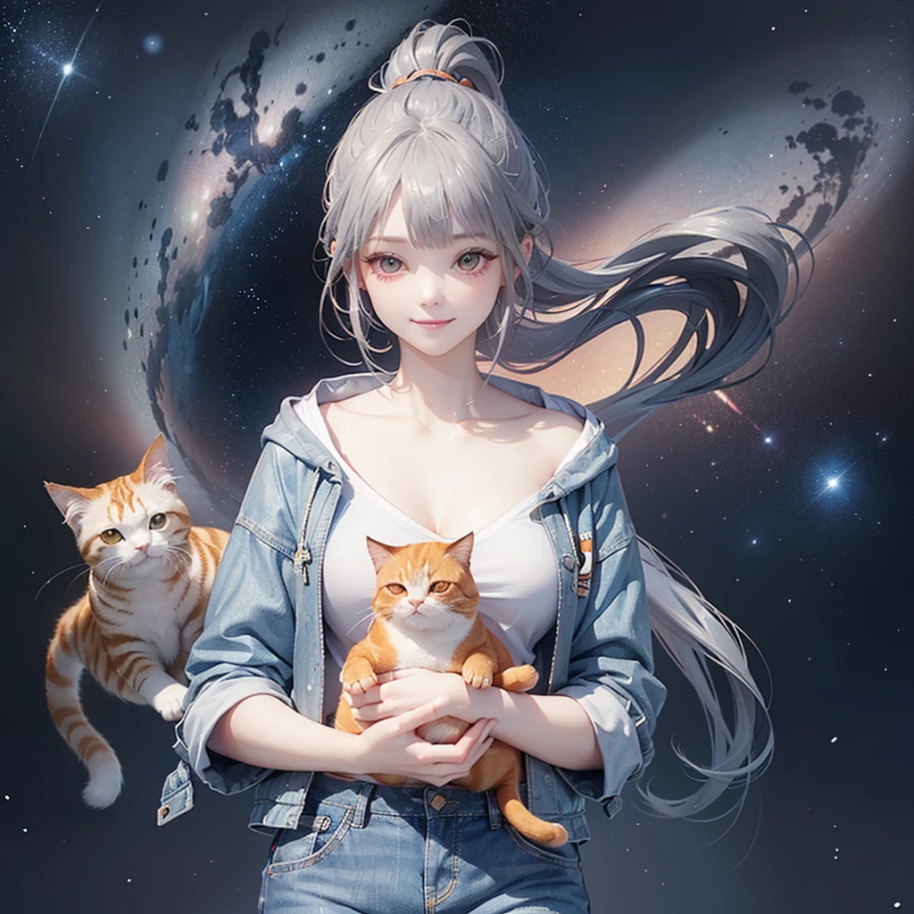 (((Holding a cute orange fat cat with super short legs in both hands,Correct anatomy))),((Highest quality,masterpiece,一位Mature美女,Super thin air parted bangs,Blue gray high ponytail super long straight hair,Double sideburn curly hair,Hair ends curled in,Gray powder clothes,Light blue denim gray hooded jacket,Exposed clavicle,Show your ears)),((Mature,Smile slightly,Look at the camera head-on)),starry sky galaxy background
