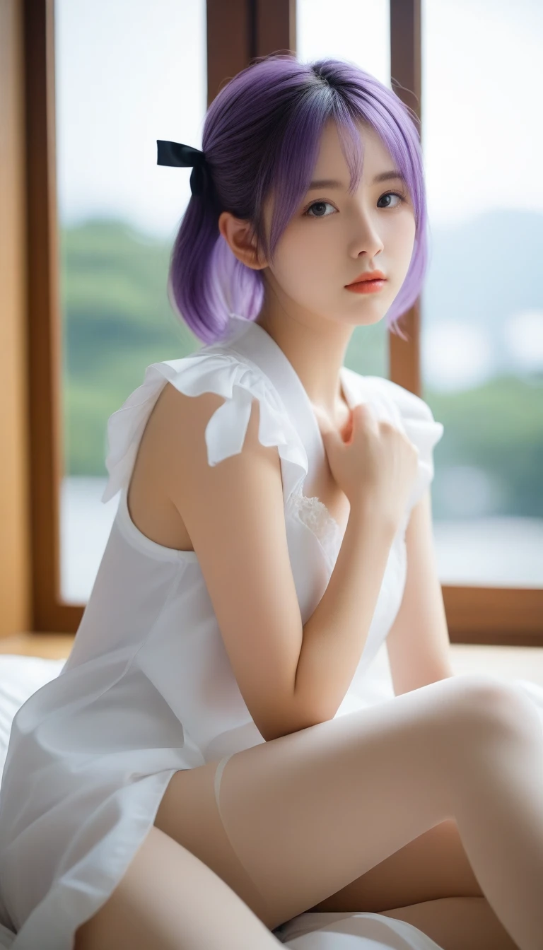8K, Ultra-high resolution, Highest quality, masterpiece, 三分割法によるphotograph,Surreal, photograph, 1 Girl, (:1.3), pretty girl, Cute face, 細部まin美しい目, In detail,masterpiece,, One Girl:1.2, Japan Female Announcer,  ((Highest quality, 8K, Tabletop: 1.3)),{{Tabletop}},figure,Highest quality,the Extremely Detailed CG Unity 8K Wallpapers,One Girl_一人in,full_body,from_Downに,look up_in_Audience,look up_Down,(White Pantyhose:1.3),(No shoes:1.3),bed,Purple hair,Twin tails,露出したDown着,window,hair_ribbon,Strong Rim Light,Camel Toe,