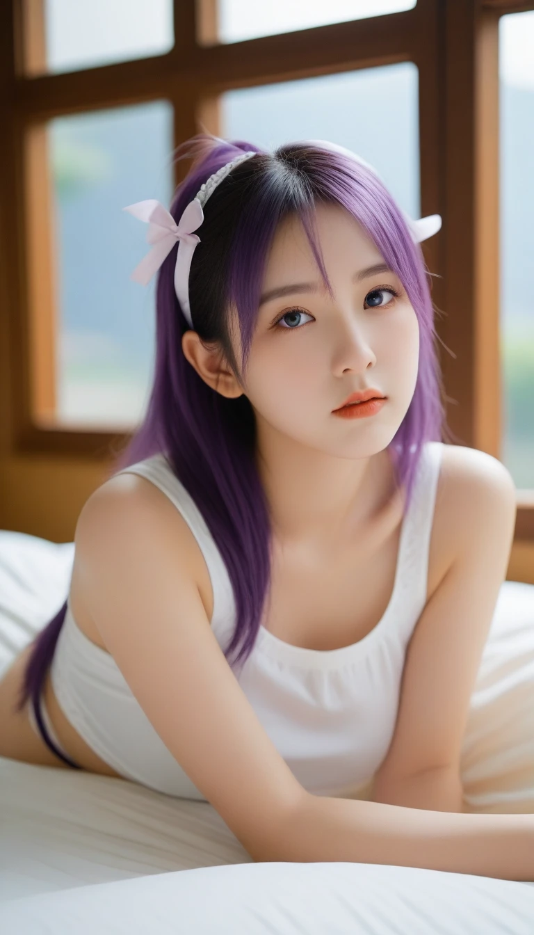 8K, Ultra-high resolution, Highest quality, masterpiece, 三分割法によるphotograph,Surreal, photograph, 1 Girl, (16 years old:1.3), pretty girl, Cute face, 細部まin美しい目, In detail,masterpiece,, One Girl:1.2, Japan Female Announcer, ((Highest quality, 8K, Tabletop: 1.3)),{{Tabletop}},figure,Highest quality,the Extremely Detailed CG Unity 8K Wallpapers,One Girl_一人in,full_body,from_Downに,look up_in_Audience,look up_Down,(White Pantyhose:1.3),(No shoes:1.3),bed,Purple hair,Twin tails,露出したDown着,window,hair_ribbon,Strong Rim Light,Camel Toe,