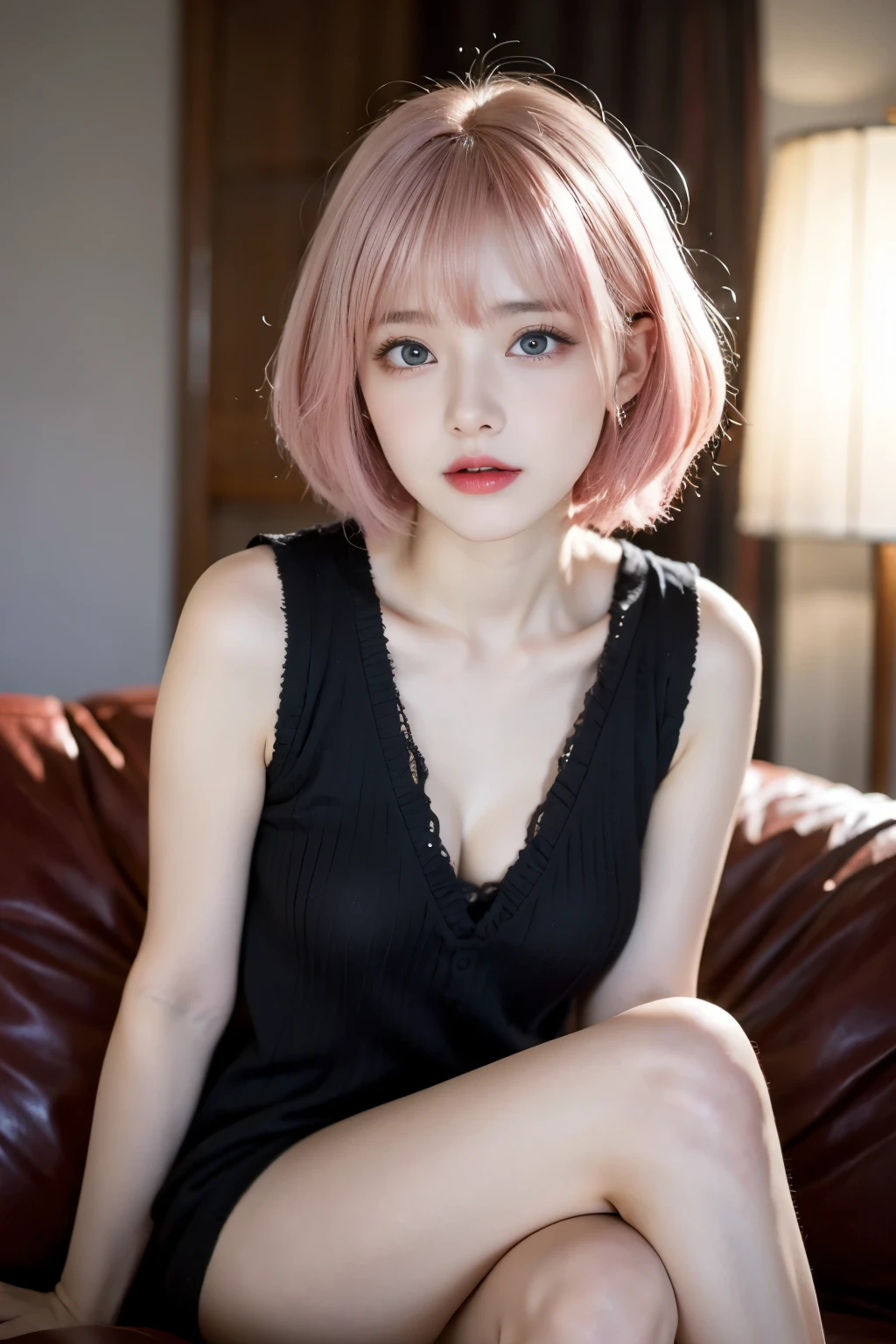 20yo woman, (masterpiece: 1.4), (8K, reality, original photo, best quality: 1.4), Japan, (1 girl), beautiful face, (Real faces: 1.4), (pink hair, short hair: 1.3), hairstyle, Realistic blue eyes, beautiful details eyes, (reality skin: 1.3), beautiful skin, Attractive, ultra high resolution, Super realistic, HD, golden ratio, (Detailed face: 1.4), (Japanese actor: estuary), Sheer vest,Pink short hair,WhiteTransparent,White,NSFW,big,big ass emphasized,The nipple areola is clearly shaped,looking into camera,Sitting on the sofa,pubic shape is transparent and clear,posture(Bend your knees and legs open)