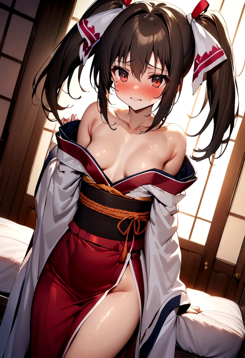 NSFW,masterpiece,Highest quality,High resolution,Super detailed,Nekone \(Utawarerumono\),Brown Hair、（Red Eye：1.3）、ribbon,Twin tails、ヘアribbon、Mole、目の下のMole,Small breasts,first round,blush,(Ecstasy face),(Ahegao),Estrus,I feel,(Princess),(Sex slave),Brothel at night,Japanese-style room,(Having sex),(Squirting),(Trembling),(heart),(Falling into Pleasure),Give in