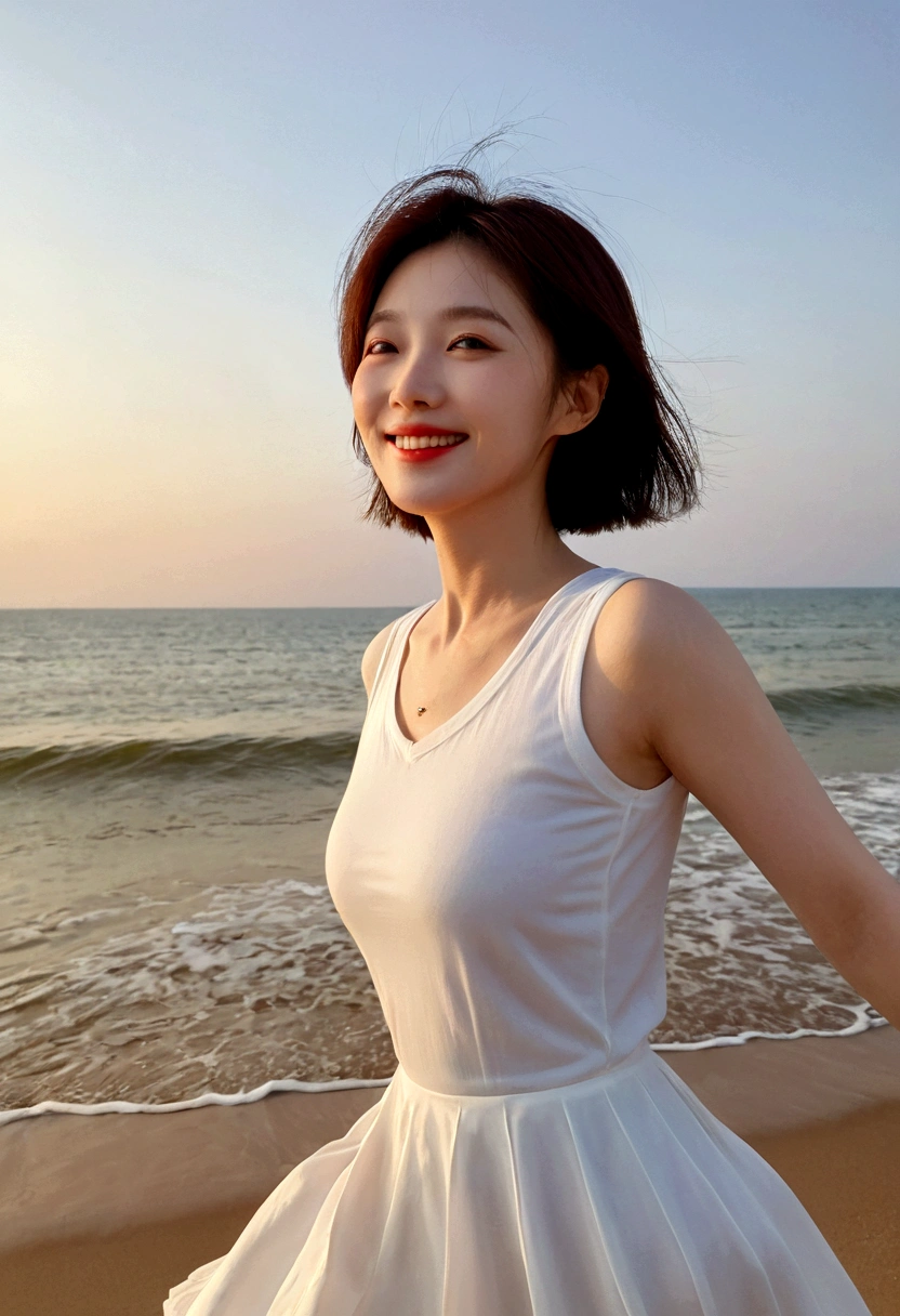 gentle red sun at sunset on the beach,A soft lingering scent is reflected in the sea., Beautiful 36-year-old short Korean woman, Chest size 34 inches, Wear white sleeveless, lightweight mid length skirt. beautiful pretty woman look , wearing a light skirt , Go far into the sea water and dip your toes., Short medium hair blowing in the wind, 1 woman, beautiful eyes, Smiling, Full-body photo taken from afar with a wide-angle lens, The background is clean and perfect., the waves are coming, short woman