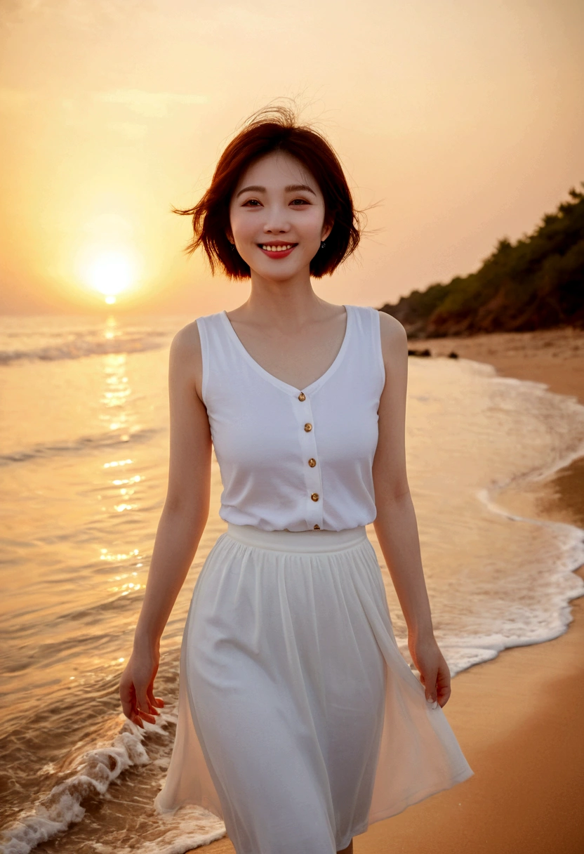 gentle red sun at sunset on the beach，A soft lingering scent is reflected in the sea., Beautiful 36-year-old short Korean woman, Chest size 34 inches, Wear white sleeveless, lightweight mid length skirt. beautiful pretty woman look , wearing a light skirt , Go far into the sea water and dip your toes., Short medium hair blowing in the wind, 1 woman, beautiful eyes, Smiling, Full-body photo taken from afar with a wide-angle lens, The background is clean and perfect., the waves are coming, short woman