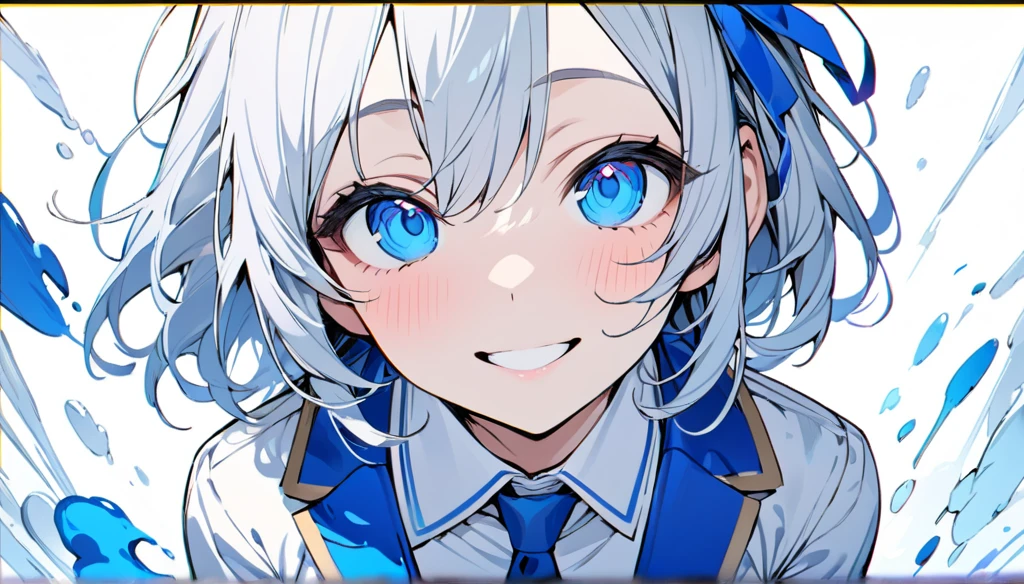 (masterpiece,Top quality illustrations),1 Girl, Above the neck, Whole face, (Calm)exterior, bright light blue eyes,Light grey hair、Tip and interior color is light blue,Like a white uniform 、Light blue ribbon tie、Eyes as bright as sapphire,View your audience, from the front, White Background, Paint splashes, 8K,Ultra HD,A big smile,smile,