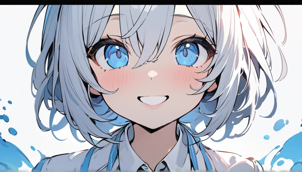 (masterpiece,Top quality illustrations),1 Girl, Above the neck, Whole face, (Calm)exterior, bright light blue eyes,Light grey hair、Tip and interior color is light blue,Like a white uniform 、Light blue ribbon tie、Eyes as bright as sapphire,View your audience, from the front, White Background, Paint splashes, 8K,Ultra HD,A big smile,smile,