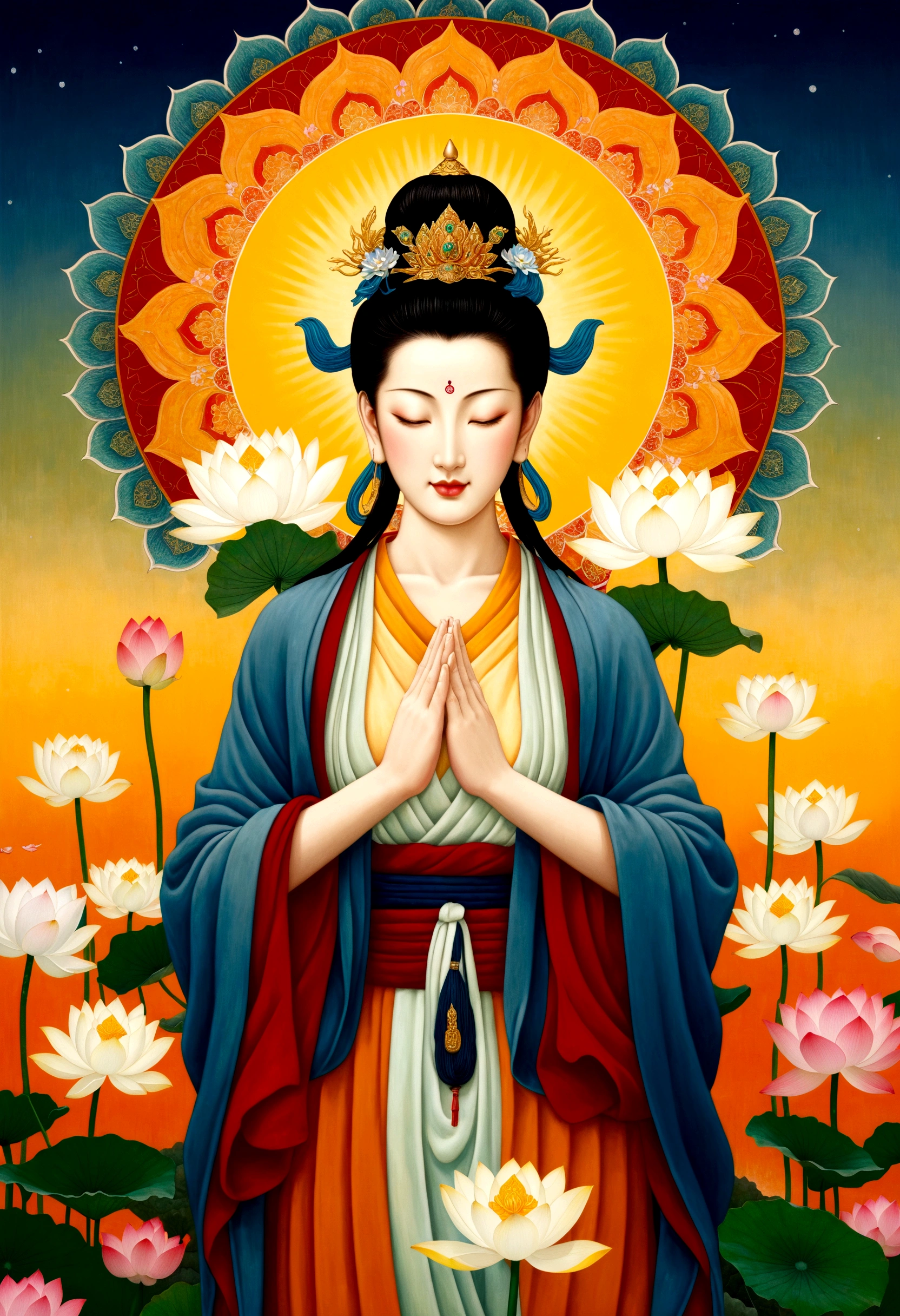 "In a highly detailed 8K RAW photo of unmatched quality, capture Kannon (Avalokiteshvara), embodying compassion, in a front-facing, human-like form. Emphasize her direct gaze at the viewer, conveying warmth with a serene smile, and highlight her holding a shakujō (a monk's staff) in her right hand. Adorned in attire symbolizing her mediatory role between the divine and human realms, she stands before a backdrop of a vibrant lotus field at golden hour, each bloom symbolizing purity and enlightenment. This ultra-realistic masterpiece, with its profound atmosphere of peace, invites deep reflection and spiritual connection."