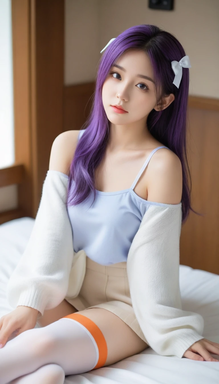 8K, Ultra-high resolution, Highest quality, masterpiece, 三分割法によるphotograph,Surreal, photograph, 1 Girl, (:1.3), pretty girl, Cute face, 細部まin美しい目, In detail,masterpiece,, One Girl:1.2, Japan Female Announcer, ((Highest quality, 8K, Tabletop: 1.3)),{{Tabletop}},figure,Highest quality,the Extremely Detailed CG Unity 8K Wallpapers,One Girl_一人in,full_body,from_Downに,look up_in_Audience,look up_Down,(White Pantyhose:1.3),(No shoes:1.3),bed,Purple hair,Twin tails,露出したDown着,window,hair_ribbon,Strong Rim Light,Camel Toe,
