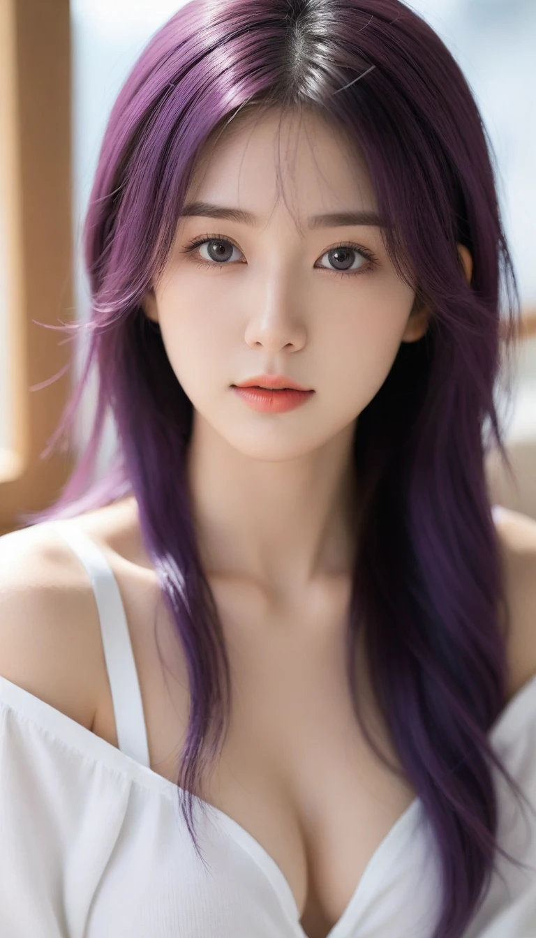 8K, Ultra-high resolution, Highest quality, masterpiece, 三分割法によるphotograph,Surreal, photograph, 1 Girl, (16 years old:1.3), pretty girl, Cute face, 細部まin美しい目, In detail,masterpiece,, One Girl:1.2, Japan Female Announcer,  ((Highest quality, 8K, Tabletop: 1.3)),{{Tabletop}},figure,Highest quality,the Extremely Detailed CG Unity 8K Wallpapers,One Girl_一人in,full_body,from_Downに,look up_in_Audience,look up_Down,(White Pantyhose:1.3),(No shoes:1.3),bed,Purple hair,Twin tails,露出したDown着,window,hair_ribbon,Strong Rim Light,Camel Toe,