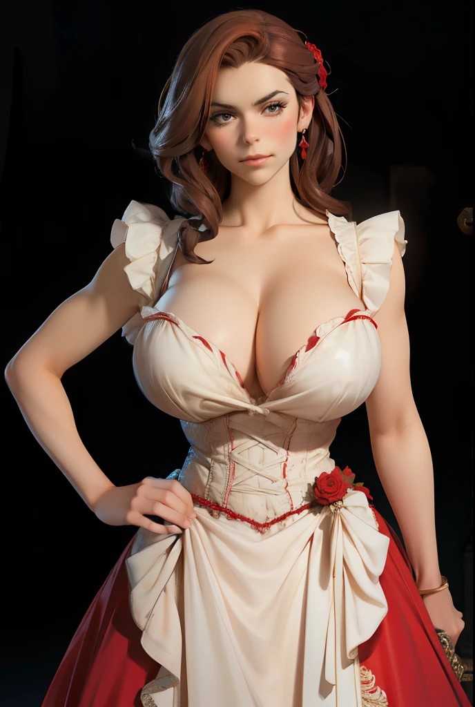 A woman in red Royal victorian era dress, red Royal victorian era ball gown, big breast, big cleavage in chest,