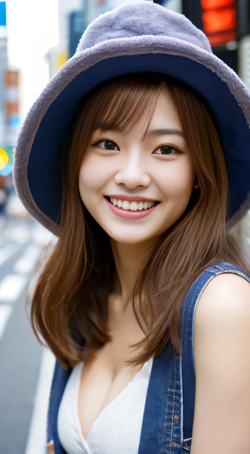 masterpiece,best quality,(Japanese ),((Beautiful girl)),cleavage,(perfect body beauty:1.2),(shy smile),beautiful teeth,(bright colored hat),(Shibuya scramble crossing),