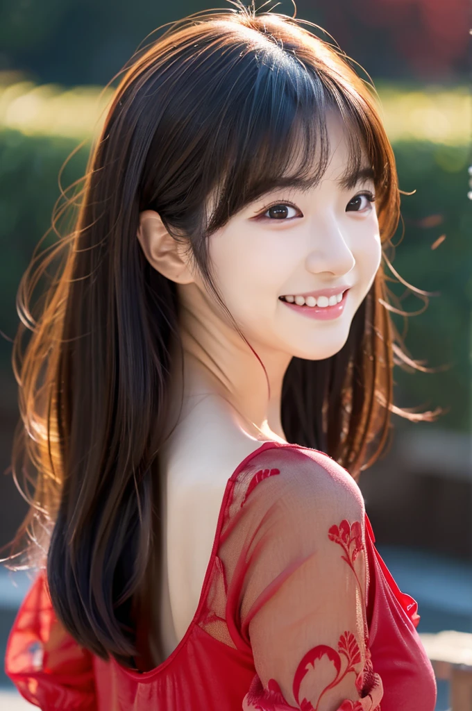 Image resolution 8K、masterpiece:1.3)、Beauty、1 female、(魅力的なBody Type:1.2)、abdomen:1.1、Dark brown hairstyle:1.1、(Body Type:1.2)、Ultra-detailed face、Attractive lips、Double eyelids, red, wearing a red silk one-piece dress、Super realistic and super cute in every detail、Japanese、Japanese女性、20th generation(28 years old)、Smile with a beautiful smile、Hair blowing in the wind、color々Hair style、Light shining from behind、Black background、