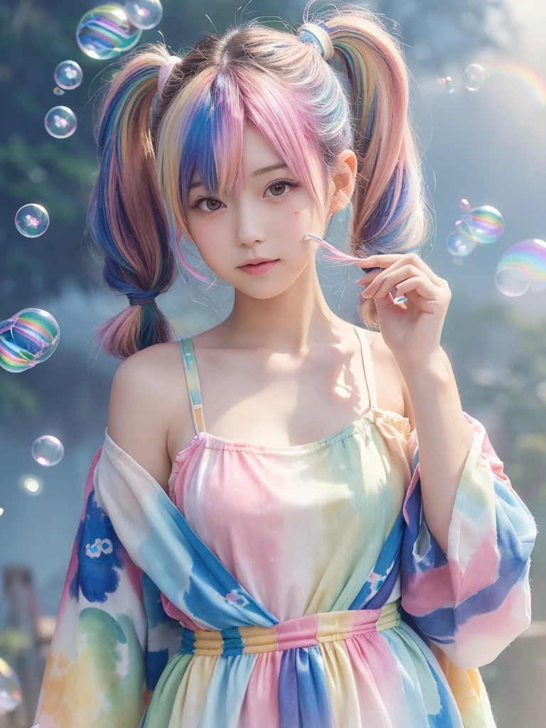 Dreamy, dreamy cute, pale, Haze, (masterpiece, Highest quality, Highest quality, watercolor (middle), Upper Body, kiss, Lesbian, yukata, Change of clothes, pattern, break, (Rainbow hair in twin tails: 1.2), break, Soap bubble, cloud, colorful, Soap bubble, Spread throughout, cute, pastel, sweet, fluffy