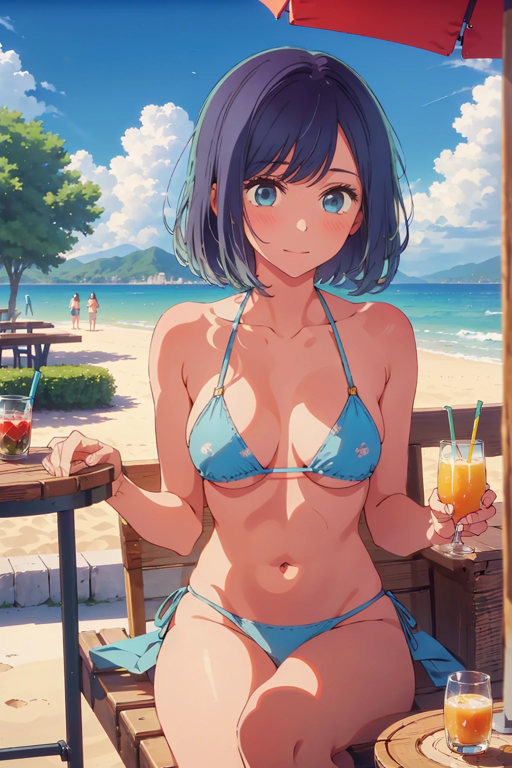 (Highest quality:1.4、masterpiece:1.4、Super detailed:1.4、8K:1.4)、((((1 person、Surprised expression、sit、Outdoor café terrace、coastal、juice、table、Sandy Beach、juiceのグラスを持つ、Plain Bikini、The depth of the written world、Very soft boobs、Big eyes、Very cute face))))、F cup bust、Medium breast、Underboob、Sideboob