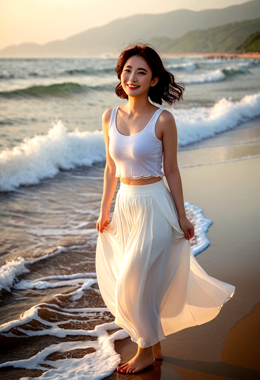 sunset red sun on the beach,A strong lingering scent is reflected in the sea., Beautiful 36-year-old short Korean woman, Chest size 34 inches, Wear white sleeveless, lightweight mid length skirt. beautiful pretty woman look , wearing a light skirt , Go far into the sea water and dip your toes., Short medium hair blowing in the wind, 1 woman, beautiful eyes, Smiling, Full-body photo taken from afar with a wide-angle lens, The background is clean and perfect., the waves are coming, short woman