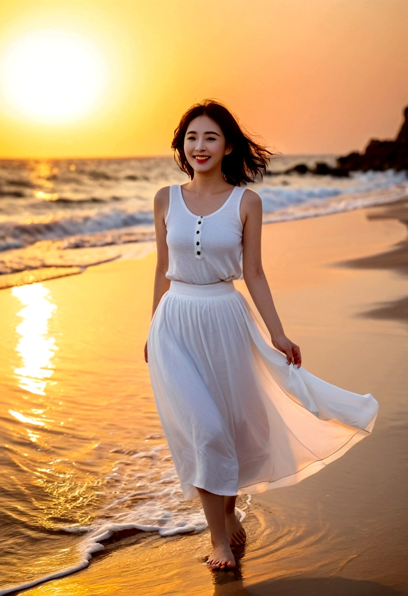 sunset red sun on the beach,A strong lingering scent is reflected in the sea., Beautiful 36-year-old short Korean woman, Chest size 34 inches, Wear white sleeveless, lightweight mid length skirt. beautiful pretty woman look , wearing a light skirt , Go far into the sea water and dip your toes., Short medium hair blowing in the wind, 1 woman, beautiful eyes, Smiling, Full-body photo taken from afar with a wide-angle lens, The background is clean and perfect., the waves are coming, short woman
