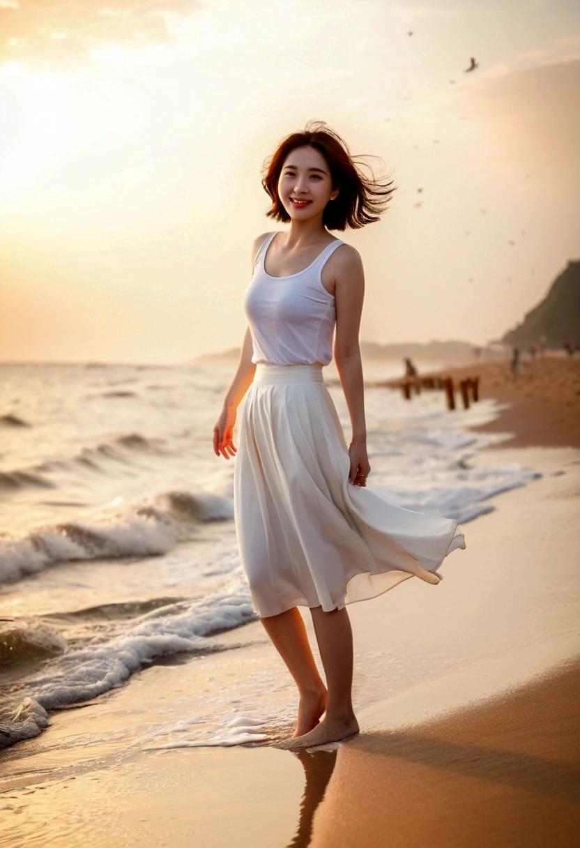 sunset red sun on the beach,A strong lingering scent is reflected in the sea., Beautiful 36-year-old short Korean woman, Chest size 34 inches, Wear white sleeveless, lightweight mid length skirt. beautiful pretty woman look , wearing a light skirt , Go far into the sea water and dip your toes., Short medium hair blowing in the wind, 1 woman, beautiful eyes, Smiling, Full-body photo taken from afar with a wide-angle lens, The background is clean and perfect., the waves are coming, short woman