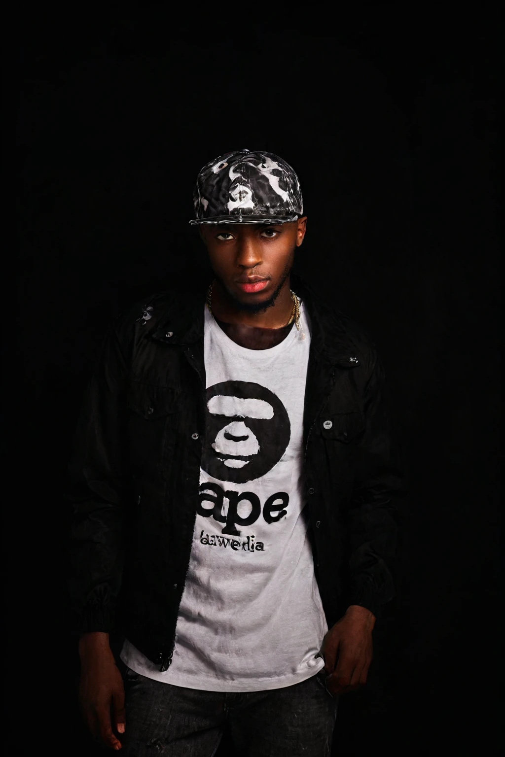 arafed man in a black jacket and a white shirt and a hat, grime, in style of davey adesida, with rap cap on head, raper artist, rapping, style of ade santora, handsome hip hop young man, mid portrait, official artwork, mid shot portrait, promo shoot, head shoot, by Afewerk Tekle, rapper