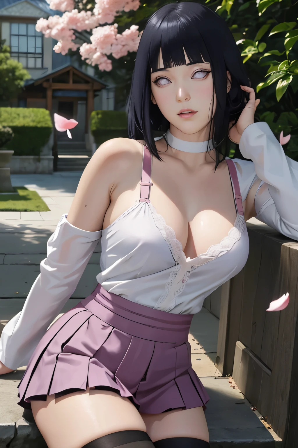 masterpiece, absurdres, hinata\(boruto\), 1girl, solo,mature female, sexy bra, high waist short skirt, looking at viewer, (falling petals), perfect composition, detailed lips, big breast, beautiful face, body propotion, blush, (pink lips), long hair,  purple eyes,  soft gaze,  super realistic, detailed, photoshoot, realistic face and body, thighhighs