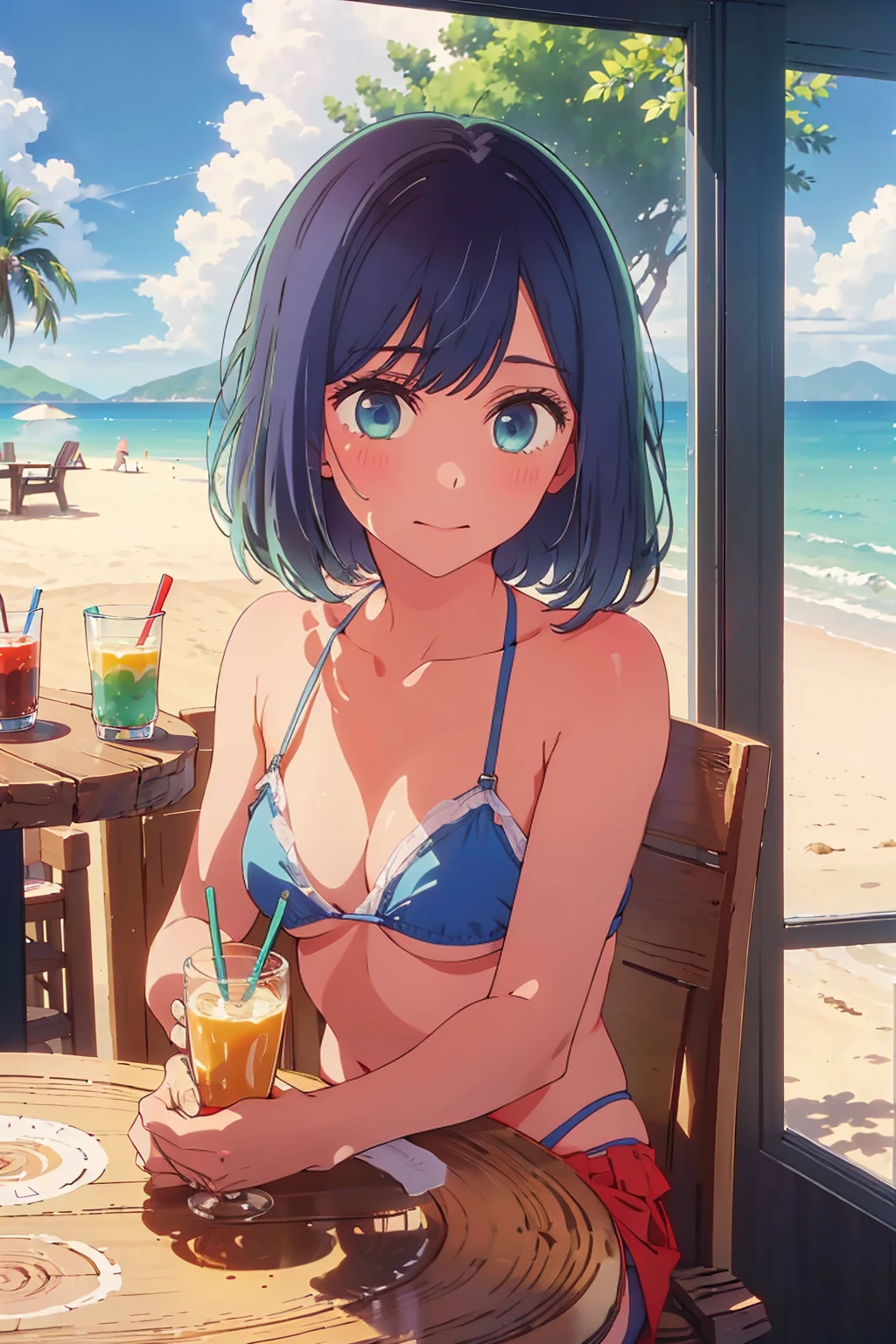 (Highest quality:1.4、masterpiece:1.4、Super detailed:1.4、8K:1.4)、((((1 person、Surprised expression、sit、Outdoor café terrace、coastal、juice、table、Sandy Beach、juiceのグラスを持つ、Plain Bikini、The depth of the written world、Very soft boobs、Big eyes、Very cute face))))、F cup bust、Medium breast