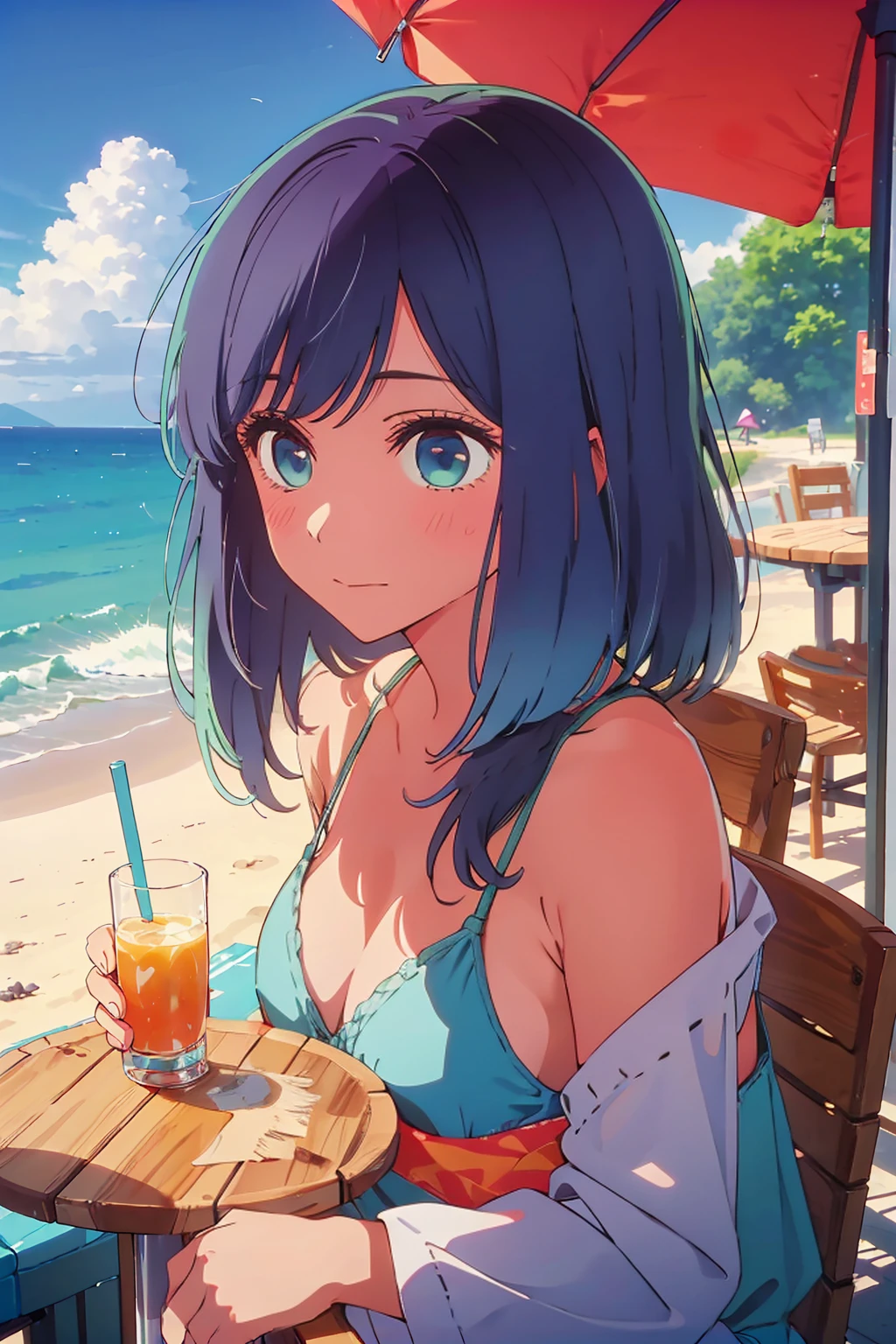 (Highest quality:1.4、masterpiece:1.4、Super detailed:1.4、8K:1.4)、((((1 person、Surprised expression、sit、Outdoor café terrace、coastal、juice、table、Sandy Beach、juiceのグラスを持つ、Plain Bikini、The depth of the written world、Very soft boobs、Big eyes、Very cute face))))、F cup bust、Medium breast