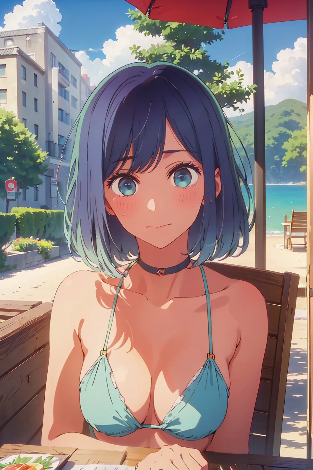 (Highest quality:1.4、masterpiece:1.4、Super detailed:1.4、8K:1.4)、((((1 person、Surprised expression、sit、Outdoor café terrace、coastal、juice、table、Sandy Beach、juiceのグラスを持つ、Plain Bikini、The depth of the written world、Very soft boobs、Big eyes、Very cute face))))、F cup bust、Medium breast