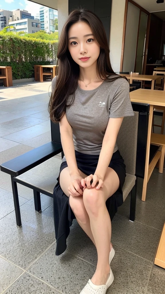 Dark brown hair, light brown eyes, Japanese actress face, lady, looks like him; I'm about 20 years old, (complicated details: 1.2), (best quality: 1.4), (super A) high Resolution: 1.2), Super A high resolution, (fine eyes), (fine facial features), nffsw, 8K resolution, D cup size breasts, long hair, Singapore terrace cafe. Basking in the sun, relaxing, leaning back,  leisure wear, full body photo, head to toe shoot, school