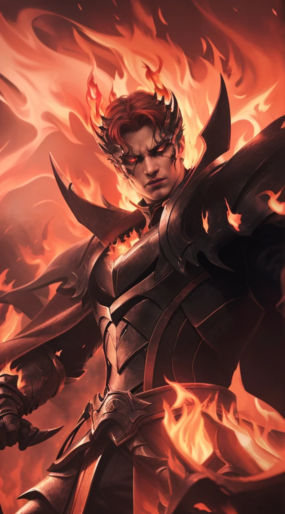 a close up of a man with a sword and a fire, red hair, ruler of inferno, infernal enigma, dragon knight, the former demon king, demon male, portrait of hades, (best quality,4k,8k,highres,masterpiece:1.2),ultra-detailed,(realistic,photorealistic,photo-realistic:1.37),highly detailed face and eyes,extremely detailed facial features,extremely detailed eyes,sharp focus,physically-based rendering,vivid colors,dramatic lighting,dark fantasy,dark art,chiaroscuro,dramatic color palette,cinematic lighting,moody atmosphere,mystical,occult,supernatural,dark powers,demonic,hellfire,infernal,scorching flames,blazing fire,glowing embers,intense shadows,dramatic pose,powerful stance