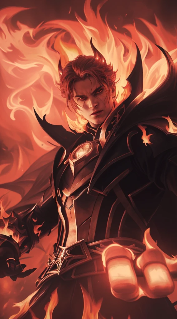 a close up of a man with a sword and a fire, red hair, ruler of inferno, infernal enigma, dragon knight, the former demon king, demon male, portrait of hades, (best quality,4k,8k,highres,masterpiece:1.2),ultra-detailed,(realistic,photorealistic,photo-realistic:1.37),highly detailed face and eyes,extremely detailed facial features,extremely detailed eyes,sharp focus,physically-based rendering,vivid colors,dramatic lighting,dark fantasy,dark art,chiaroscuro,dramatic color palette,cinematic lighting,moody atmosphere,mystical,occult,supernatural,dark powers,demonic,hellfire,infernal,scorching flames,blazing fire,glowing embers,intense shadows,dramatic pose,powerful stance