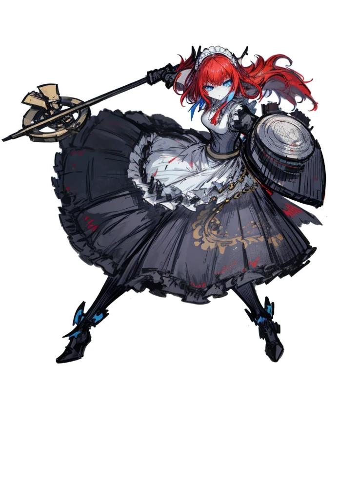 1girl, pale skin, light blue eyes, red hair, maid, maid headdress, pretty clothes, (high resolution, high detail, best quality), 
black background, serious, mace, shield, female warrior