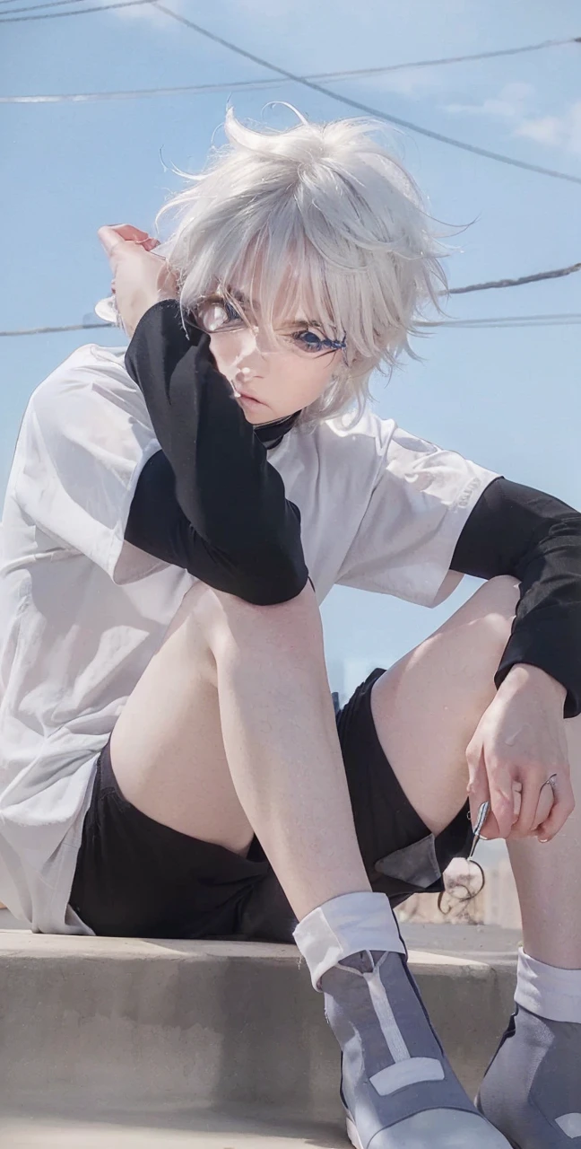 realistic kilua character, 1boy, detailed face, detailed eyes, detailed nose, detailed lips, detailed facial features, long white hair, blue eyes, athletic build, dark outfit, dynamic pose, cinematic lighting, dramatic shadows, hyper realistic, 8k, high quality, photorealistic, (best quality,4k,8k,highres,masterpiece:1.2),ultra-detailed,(realistic,photorealistic,photo-realistic:1.37)