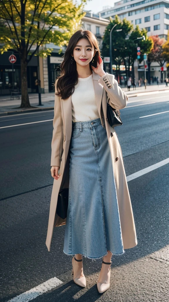 ((Highest quality、high resolution、High resolution、masterpiece、8K))、One Woman、21-year-old woman、Japanese women、Pretty woman、(Photograph the whole body:1.3)、Woman standing in winter park、Urban park、Sunny day in Paris、(Wearing a light brown coat、Tightly designed maxi skirt、High heels、Simple Fashion)、Perfect proportions、Slim figure、8-life proportions、Detailed face、Beautiful eyes、Natural Makeup、A ruddy complexion、Look here with a smile、Brown medium long hair、Loose wavy hairstyle、((Canon EOS 5D Mark 4とSIGMA Art Lens 85mm F1.4 Shot with DG HSM lens、F-stop 2.4、iso 200、Shutter Speed 2000))、Angle from the front、RAW Photos、Clear photos、Professional Lighting、Height: 165cm