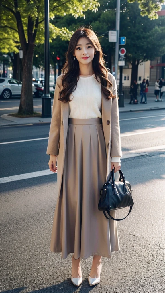 ((Highest quality、high resolution、High resolution、masterpiece、8K))、One Woman、21-year-old woman、Japanese women、Pretty woman、(Photograph the whole body:1.3)、Woman standing in winter park、Urban park、Sunny day in Paris、(Wearing a light brown coat、Tightly designed maxi skirt、High heels、Simple Fashion)、Perfect proportions、Slim figure、8-life proportions、Detailed face、Beautiful eyes、Natural Makeup、A ruddy complexion、Look here with a smile、Brown medium long hair、Loose wavy hairstyle、((Canon EOS 5D Mark 4とSIGMA Art Lens 85mm F1.4 Shot with DG HSM lens、F-stop 2.4、iso 200、Shutter Speed 2000))、Angle from the front、RAW Photos、Clear photos、Professional Lighting、Height: 165cm