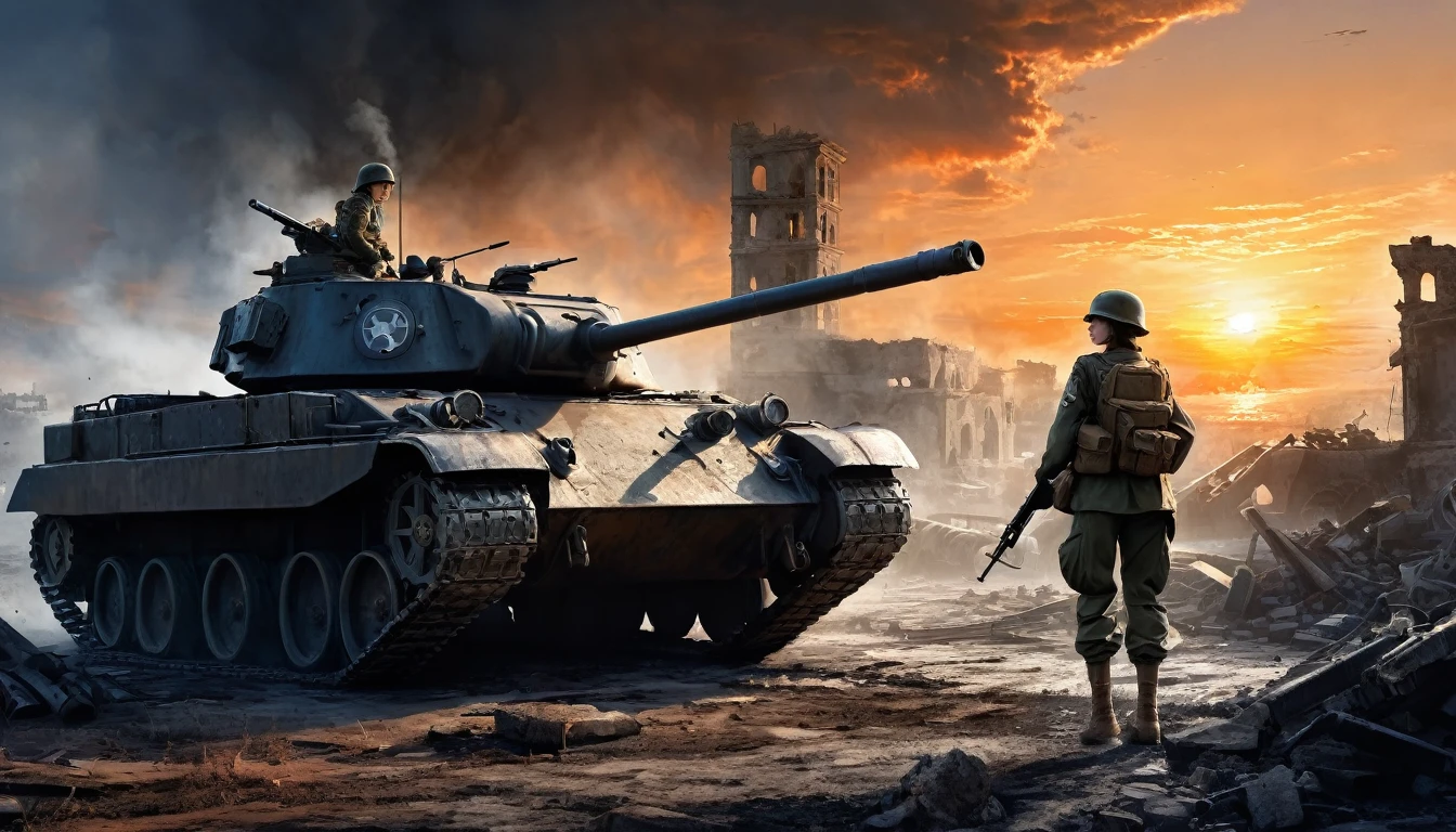 (A female soldier stands on the left and touches the tank gun barrel,Saying goodbye,Background is the ruins of the city,Under the sunset:1.5)painting masterpiece, Extremely detailed, Black White Dark Steel Dark Blue Black Light Brown Dark Brown White Light Orange Dark Red Dark Green, Dramatic Lighting, evening, High contrast, steam, FOG, Israeli soldiers fighting with tanks on the battlefield, Movie Lighting, Aspect ratio of 16:9, steam, 4K, professional ominous Concept Art, author:artgerm and greg rutkowski, complex, elegant, Highly detailed digital painting, Concept Art, Smooth, Clear focus, illustration, Simon Starenhagen's style, Wayne Barlow, 和 igor kieryluk., Acrylic painting, Popular in pixiv Fan Box, Palette knife and brush strokes, Makoto Shinkai's styleJamie WiseJames GirardEdward HopperGreg RutkowskiStudio GhibliGenshin Impact