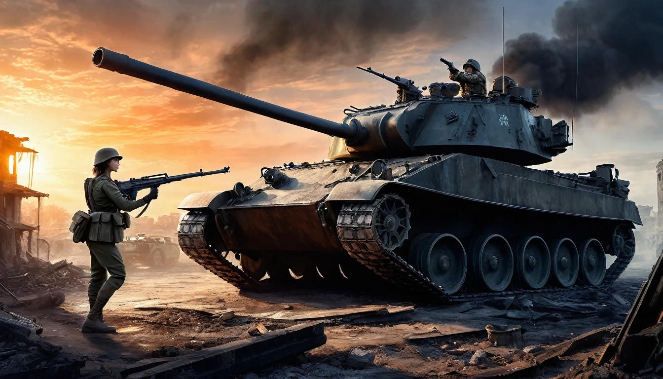 (A female soldier stands on the left and touches the tank gun barrel,Saying goodbye,Background is the ruins of the city,Under the sunset:1.5)painting masterpiece, Extremely detailed, Black White Dark Steel Dark Blue Black Light Brown Dark Brown White Light Orange Dark Red Dark Green, Dramatic Lighting, evening, High contrast, steam, FOG, Israeli soldiers fighting with tanks on the battlefield, Movie Lighting, Aspect ratio of 16:9, steam, 4K, professional ominous Concept Art, author:artgerm and greg rutkowski, complex, elegant, Highly detailed digital painting, Concept Art, Smooth, Clear focus, illustration, Simon Starenhagen's style, Wayne Barlow, 和 igor kieryluk., Acrylic painting, Popular in pixiv Fan Box, Palette knife and brush strokes, Makoto Shinkai's styleJamie WiseJames GirardEdward HopperGreg RutkowskiStudio GhibliGenshin Impact