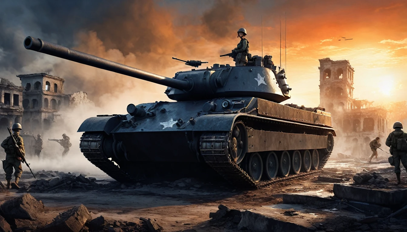 (A female soldier stands on the left and touches the tank gun barrel,Saying goodbye,Background is the ruins of the city,Under the sunset:1.5)painting masterpiece, Extremely detailed, Black White Dark Steel Dark Blue Black Light Brown Dark Brown White Light Orange Dark Red Dark Green, Dramatic Lighting, evening, High contrast, steam, FOG, Israeli soldiers fighting with tanks on the battlefield, Movie Lighting, Aspect ratio of 16:9, steam, 4K, professional ominous Concept Art, author:artgerm and greg rutkowski, complex, elegant, Highly detailed digital painting, Concept Art, Smooth, Clear focus, illustration, Simon Starenhagen's style, Wayne Barlow, 和 igor kieryluk., Acrylic painting, Popular in pixiv Fan Box, Palette knife and brush strokes, Makoto Shinkai's styleJamie WiseJames GirardEdward HopperGreg RutkowskiStudio GhibliGenshin Impact