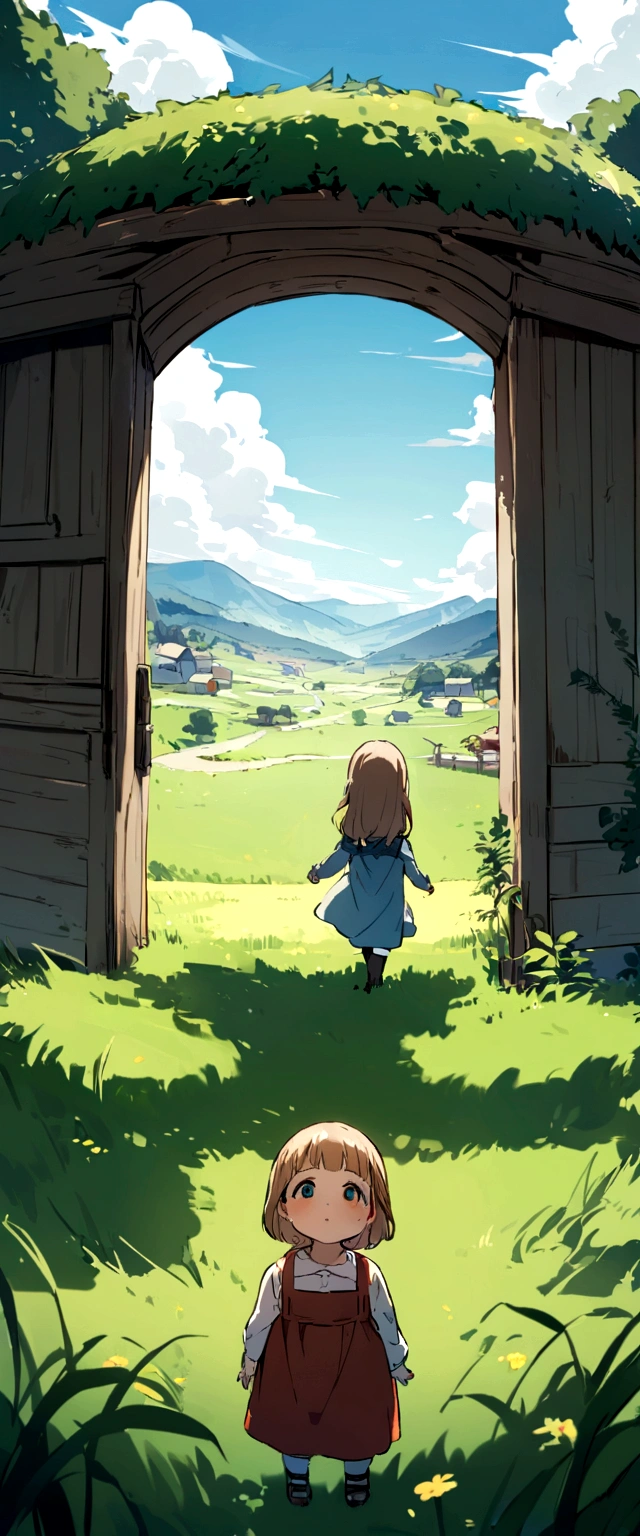 A mother tries to protect her  from a hornet、3 year old boy、Beautiful Mother、The location is the grassland、sunny day