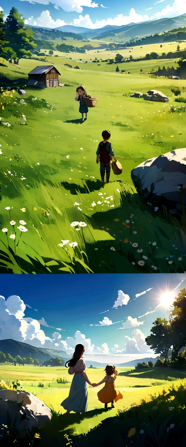 A mother tries to protect her  from a hornet、3 year old boy、Beautiful Mother、The location is the grassland、sunny day