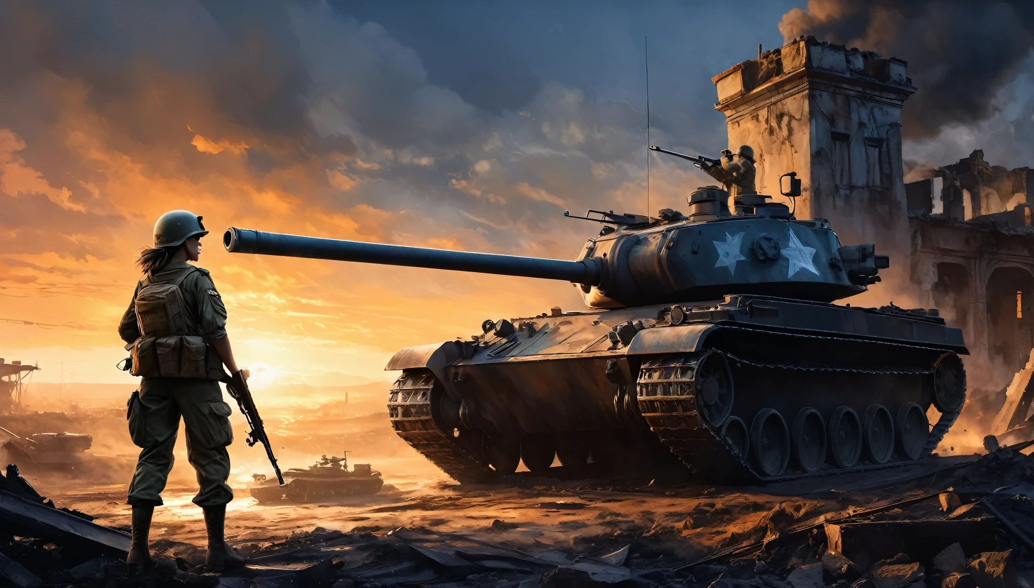 (A female soldier stands on the left and touches the tank gun barrel,Saying goodbye,Background is the ruins of the city,Under the sunset:1.5)painting masterpiece, Extremely detailed, Black White Dark Steel Dark Blue Black Light Brown Dark Brown White Light Orange Dark Red Dark Green, Dramatic Lighting, evening, High contrast, steam, FOG, Israeli soldiers fighting with tanks on the battlefield, Movie Lighting, Aspect ratio of 16:9, steam, 4K, professional ominous Concept Art, author:artgerm and greg rutkowski, complex, elegant, Highly detailed digital painting, Concept Art, Smooth, Clear focus, illustration, Simon Starenhagen's style, Wayne Barlow, 和 igor kieryluk., Acrylic painting, Popular in pixiv Fan Box, Palette knife and brush strokes, Makoto Shinkai's styleJamie WiseJames GirardEdward HopperGreg RutkowskiStudio GhibliGenshin Impact