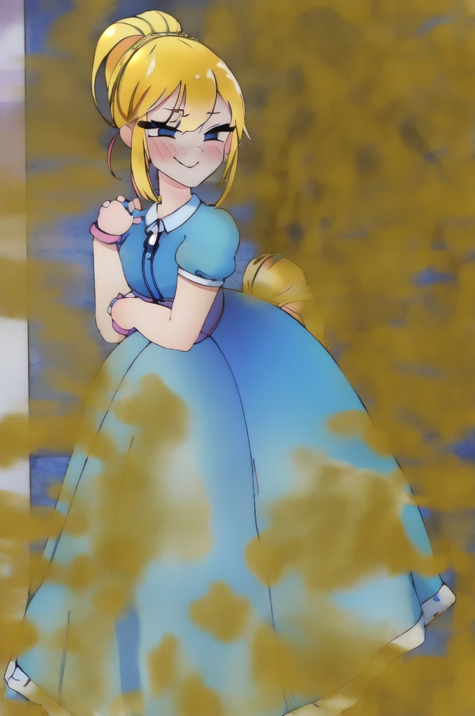 (masterpiece, best quality:1.2), cowboy shot, solo, 1girl, piper, smile, looking at viewer, (hand on own cheek:1.2), blonde hair, ponytail, blue dress, puffy short sleeves, fingerless gloves, kitchen