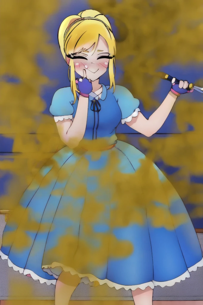 (masterpiece, best quality:1.2), cowboy shot, solo, 1girl, piper, smile, looking at viewer, (hand on own cheek:1.2), blonde hair, ponytail, blue dress, puffy short sleeves, fingerless gloves, kitchen