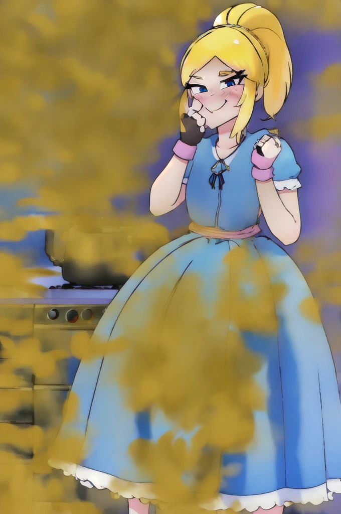 (masterpiece, best quality:1.2), cowboy shot, solo, 1girl, piper, smile, looking at viewer, (hand on own cheek:1.2), blonde hair, ponytail, blue dress, y short sleeves, fingerless gloves, kitchen