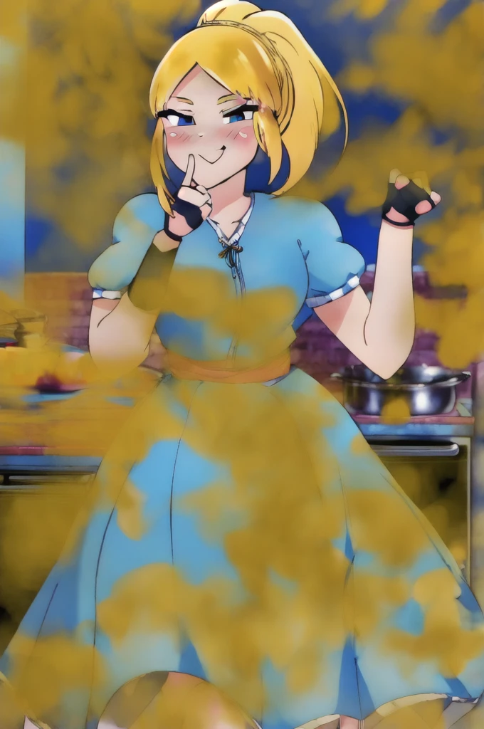 (masterpiece, best quality:1.2), cowboy shot, solo, 1girl, piper, smile, looking at viewer, (hand on own cheek:1.2), blonde hair, ponytail, blue dress, puffy short sleeves, fingerless gloves, kitchen