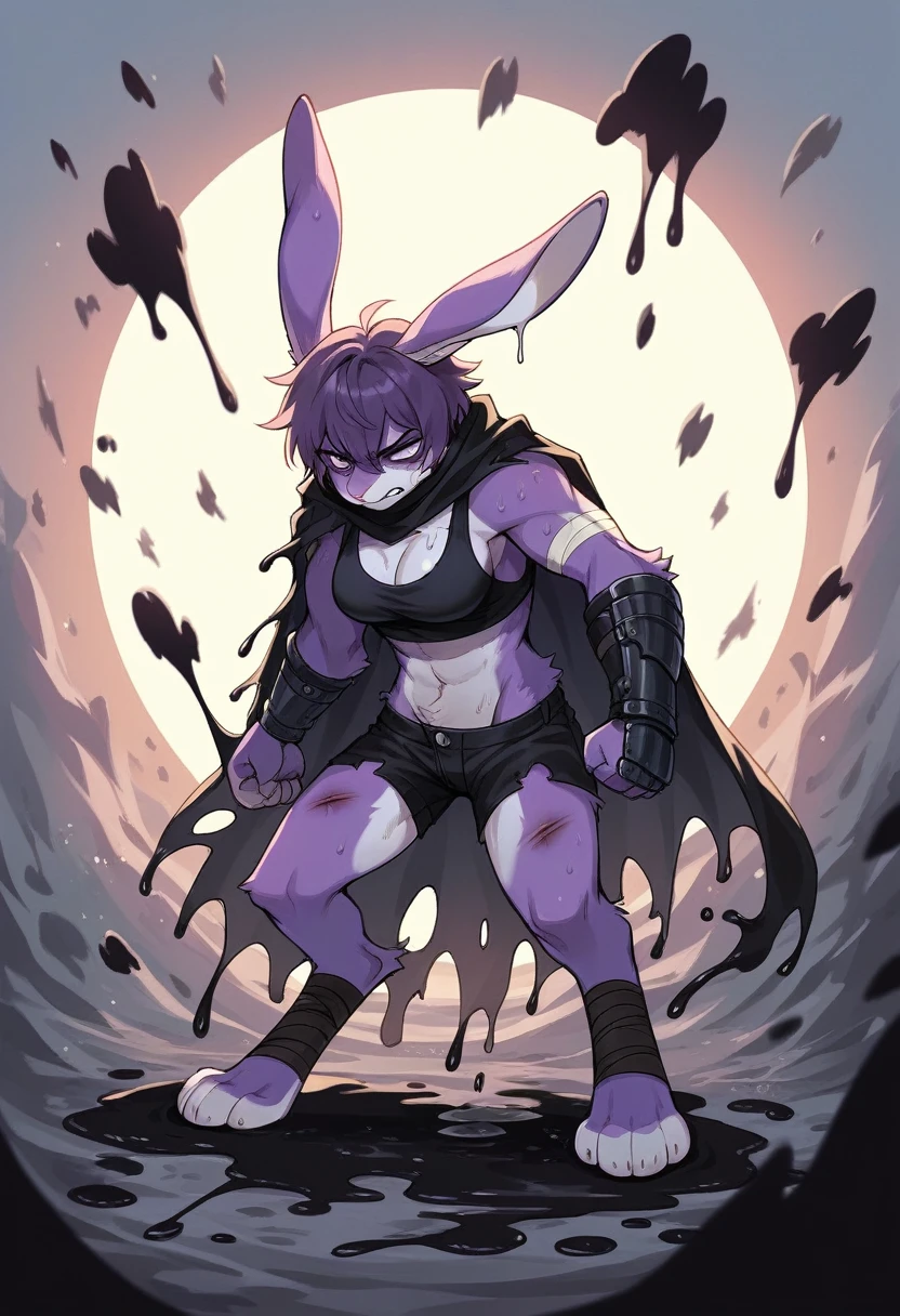create a picture of a female half rabbit character with purple giant rabbit digitigrade legs with white paws, put purple rabbit ears on top of her head, make her nude, put purple fur on her arms from her elbows down, give her short brown hair, make her legs look fluffy and furry, make it in an anime style, make her fur slightly tattered and torn, make her look super tired, give her black gauntlets, make the background look like a pitch black wet environment, cover her fur in black goo, make the black goo dripping from her arms and legs, make her look bruised, make her standing determined, give her purple nipples