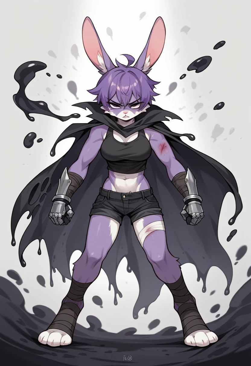 create a picture of a female half rabbit character with purple giant rabbit digitigrade legs with white paws, put purple rabbit ears on top of her head, make her wearing a black athletic tank top and black shorts, put purple fur on her arms from her elbows down, give her short brown hair, make her legs look fluffy and furry, make it in an anime style, make her outfit slightly tattered and torn, make her look super tired, give her black gauntlets, make the background look like a pitch black wet environment, cover her fur in black goo, make the black goo dripping from her arms and legs, make her look bruised, make her standing tall and determined, give her a black tattered cape, give her moderate breasts, give her several large bandages