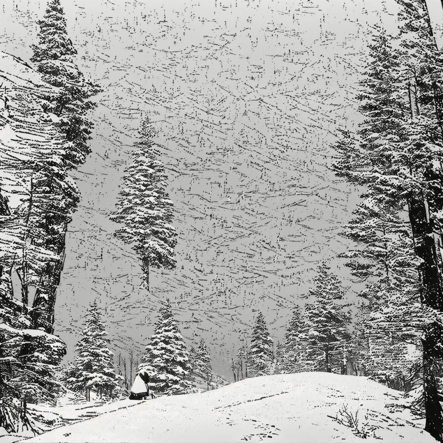 drawing of a woman sitting on a bench in the snow, 2 d game environment design, snowy environment, concept art for a video game, sketched 4k, scenery game concept art, screentone shading, game environment, concept art sketch, detailed environment, game environment design, stylized linework, old sketch, indie game concept art