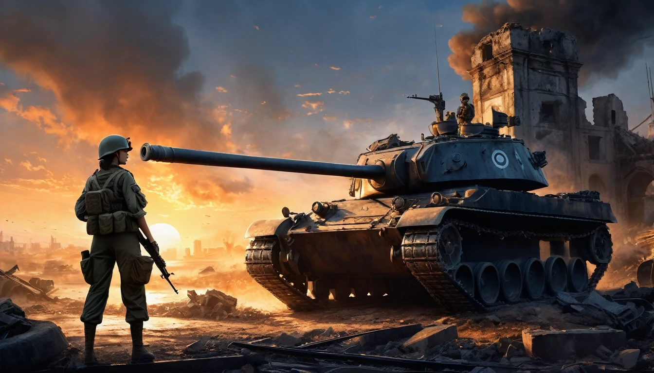 (A female soldier stands on the left and touches the tank gun barrel,Saying goodbye,Background is the ruins of the city,Under the sunset:1.5)painting masterpiece, Extremely detailed, Black White Dark Steel Dark Blue Black Light Brown Dark Brown White Light Orange Dark Red Dark Green, Dramatic Lighting, evening, High contrast, steam, FOG, Israeli soldiers fighting with tanks on the battlefield, Movie Lighting, Aspect ratio of 16:9, steam, 4K, professional ominous Concept Art, author:artgerm and greg rutkowski, complex, elegant, Highly detailed digital painting, Concept Art, Smooth, Clear focus, illustration, Simon Starenhagen's style, Wayne Barlow, 和 igor kieryluk., Acrylic painting, Popular in pixiv Fan Box, Palette knife and brush strokes, Makoto Shinkai's styleJamie WiseJames GirardEdward HopperGreg RutkowskiStudio GhibliGenshin Impact