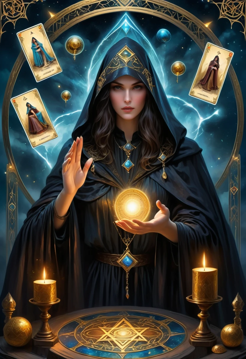 Fortune Teller,Metal photo frame,card,tarot cards:1.37.Mysterious fortune teller in cloak,Finger taps an array of tarot cards in the air,Mystical symbols and elements,Ancient mysterious atmosphere,Realistic illustration details,A composition full of vitality and energy,Dark Style,Gothic style
